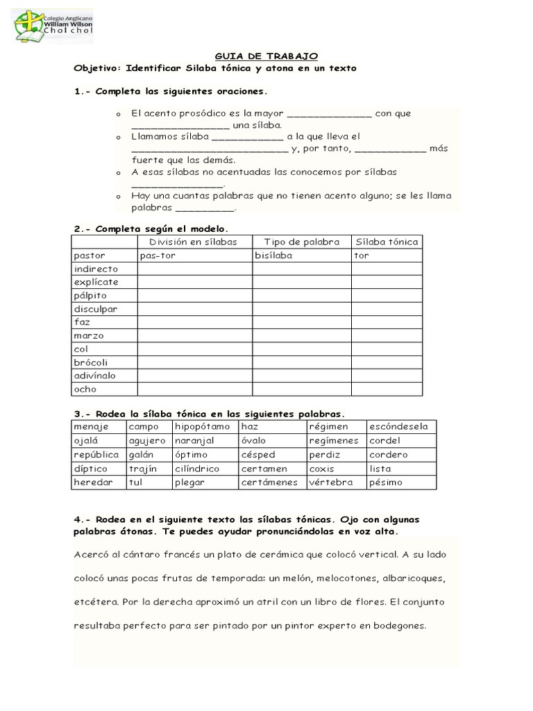 GUIA de TRABAJO Silabas Tonicas y Atonas | PDF