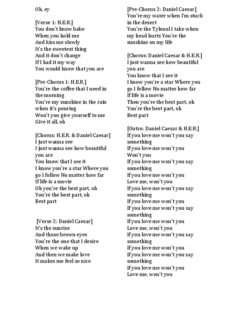 Best Part Lyrics - Daniel Caesar & H.E.R. | PDF