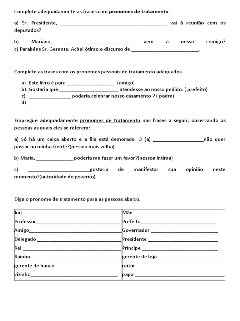 1. Complete Adequadamente as Frases Com Pronomes de Tratamento | Pronome