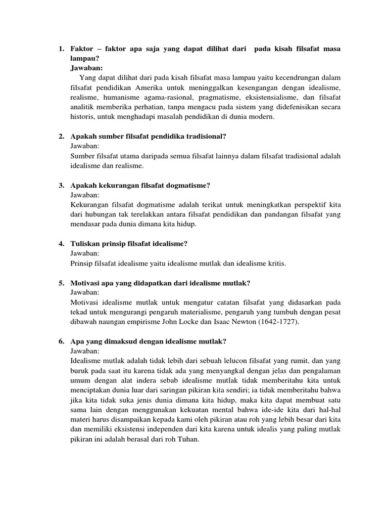 Daftar Pertanyaan Filsafat Pendidikan