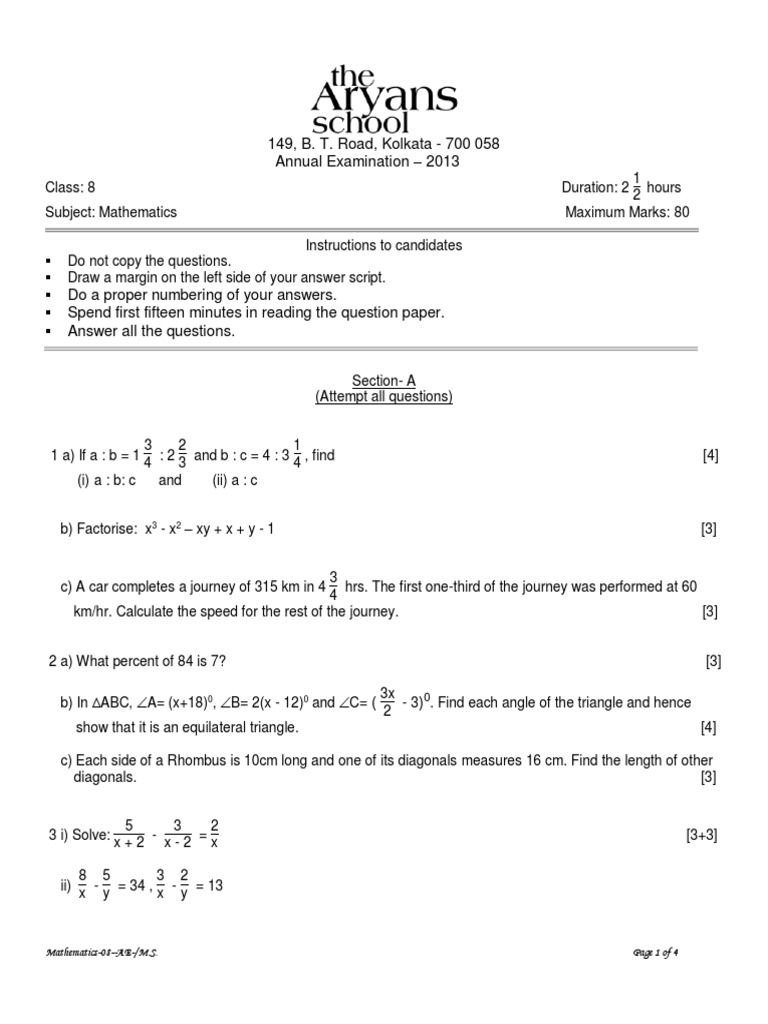Class 8 Maths Question Paper PDF Triangle Geometry Triangle