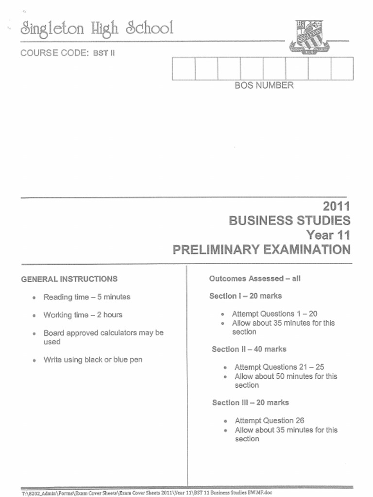 Year 11 Business Studies HSC Preliminary Exam 2011 | PDF