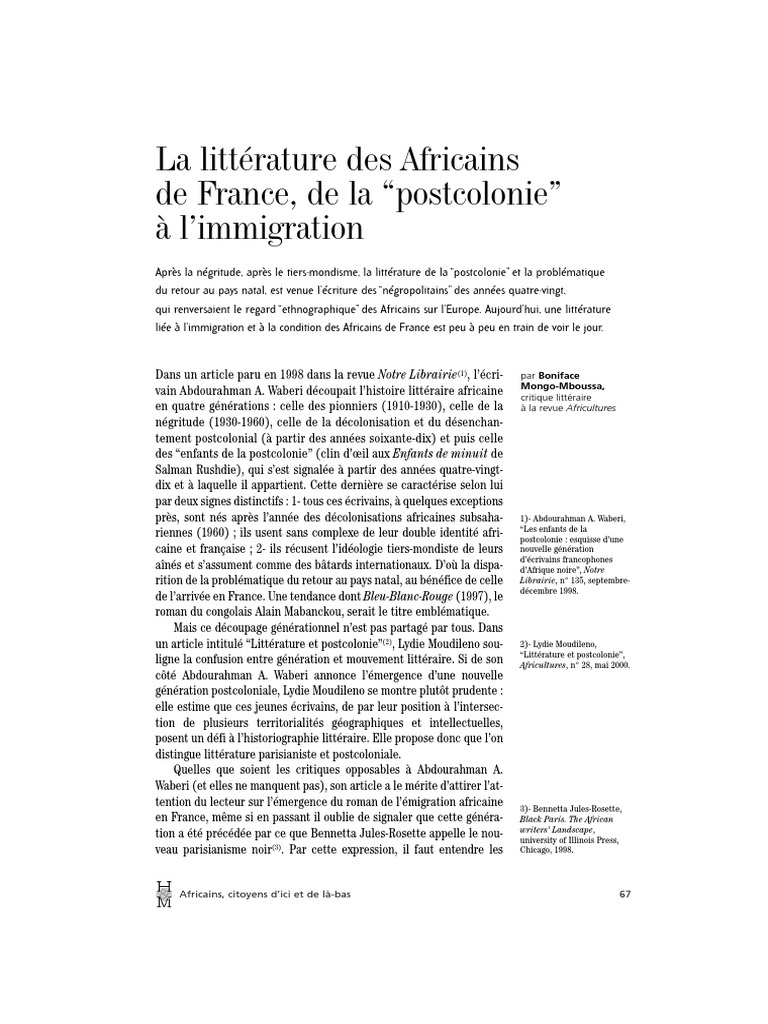 La Litterature Des Africains De France De La Postcolonie A L Immigration Afrique Romans