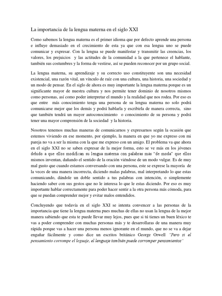 Importancia de la lengua materna hoy | PDF | Conocimiento | Lingüística