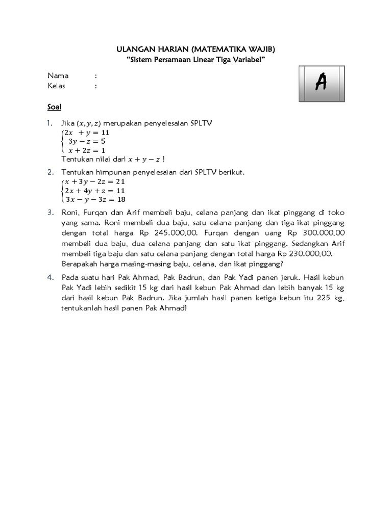 Ulangan Harian Wajib Sistem Persamaan Linear Tiga Variabel Copy