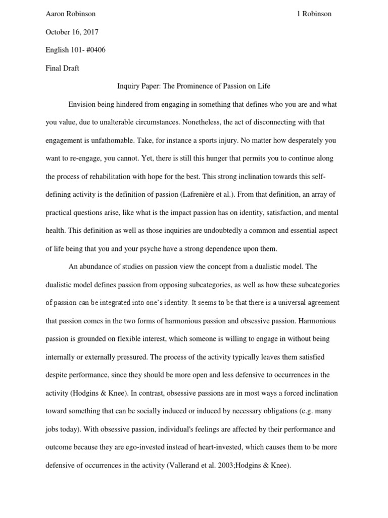 Inquiry Paper Final Draft | PDF | Passion (Emotion) | Applied Psychology