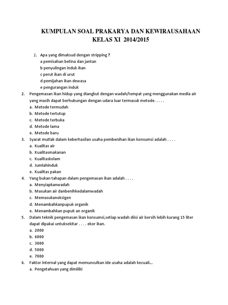 Kumpulan Soal Prakarya Dan Kewirausahaan Kelas Xi Terberu
