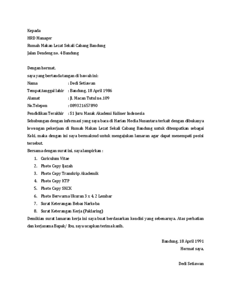 Contoh Surat Lamaran Kerja Koki Hotel