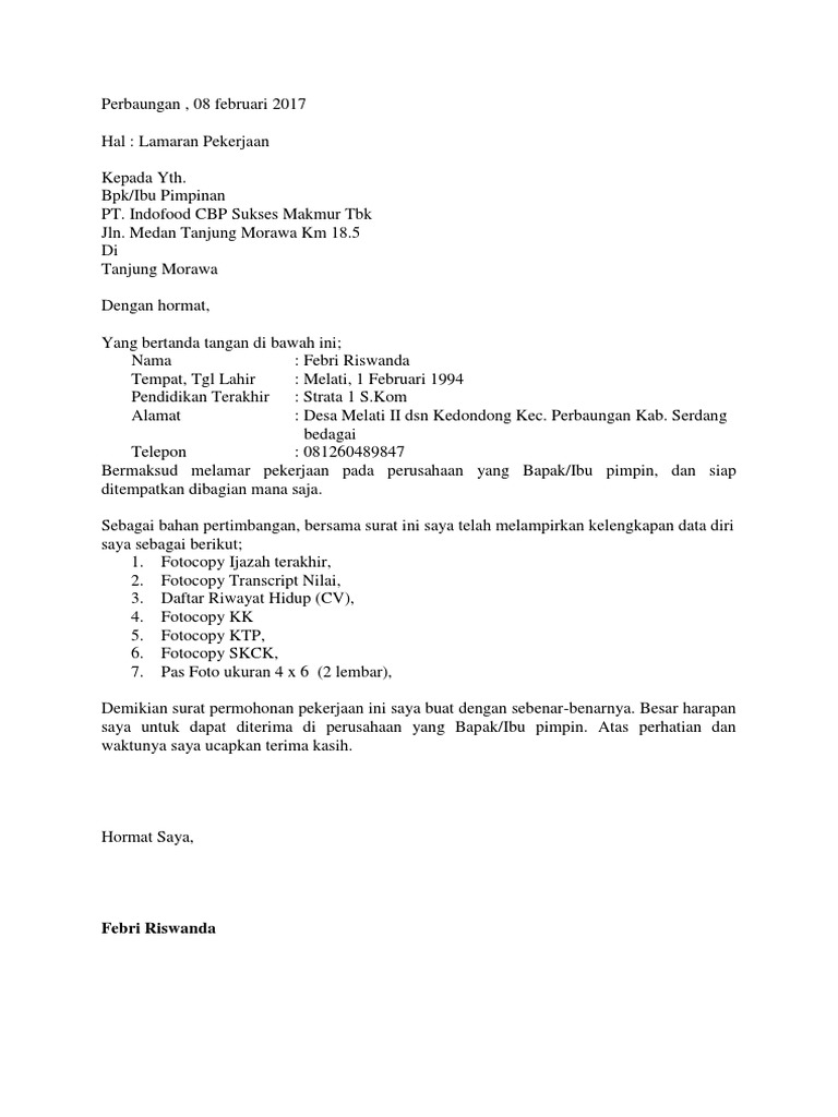Surat Lamaran Kerja Indofood
