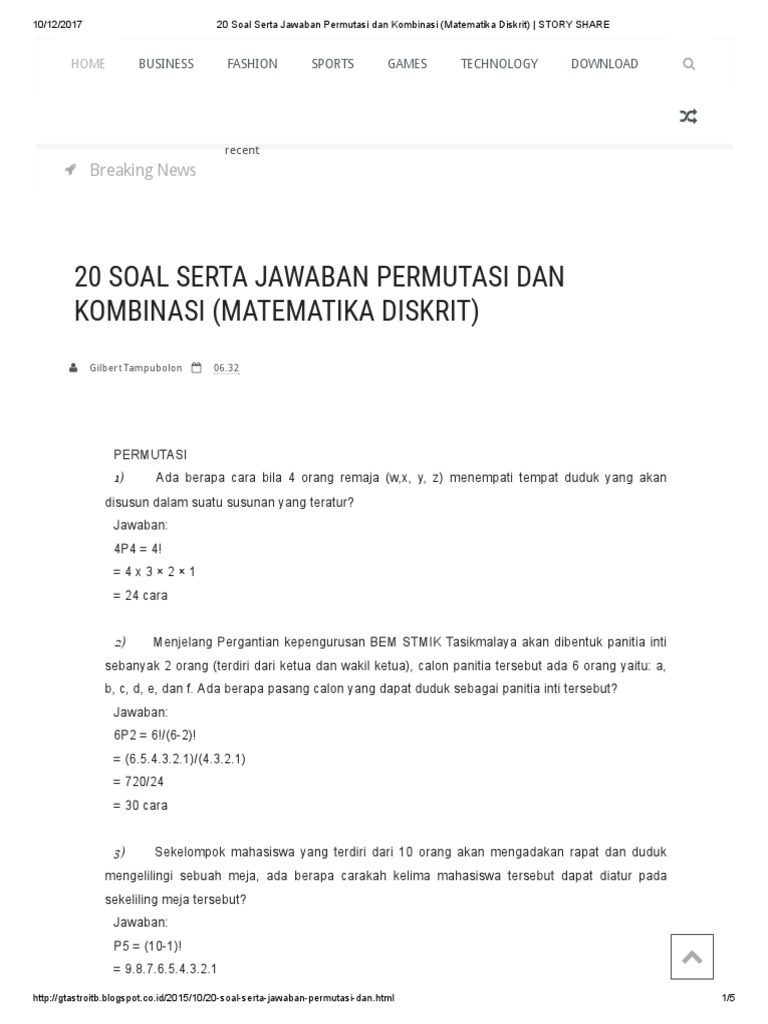 20 Soal Serta Jawaban Permutasi Dan Kombinasi Matematika Diskrit Story Share