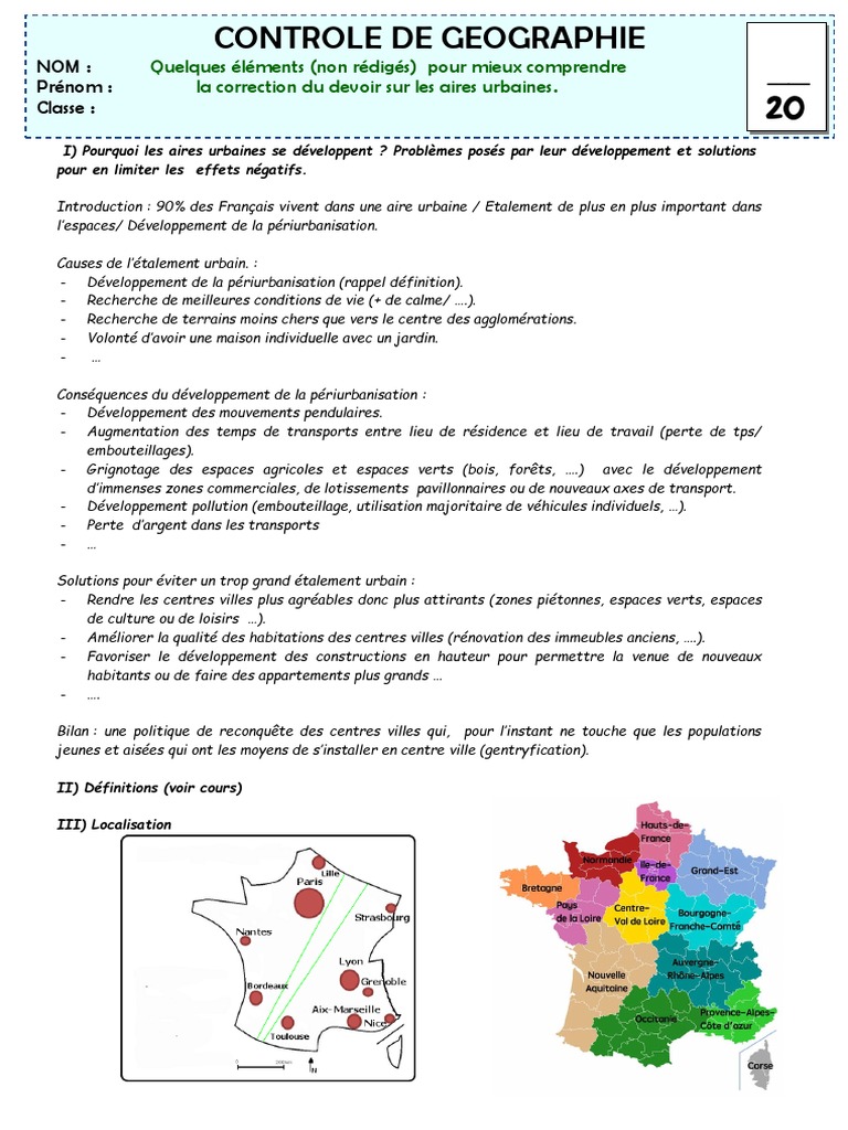 Brevet Blanc Les Aires Urbaines Corrigé Interro Geo 3°word NP16 Correction | PDF