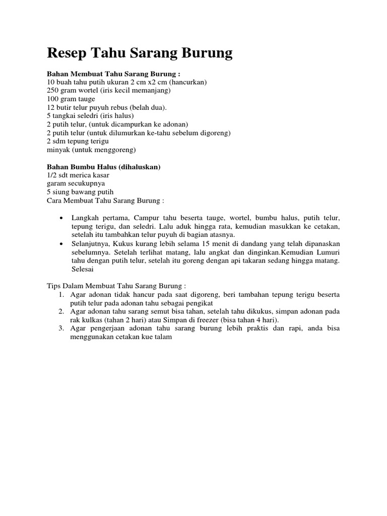 Resep Tahu Sarang Burung