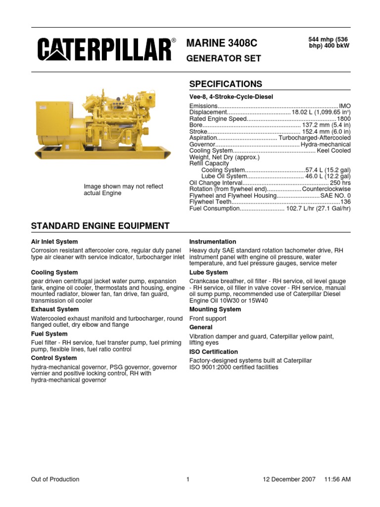 Cat 3408c Genset Spec Sheet Motor Oil Horsepower