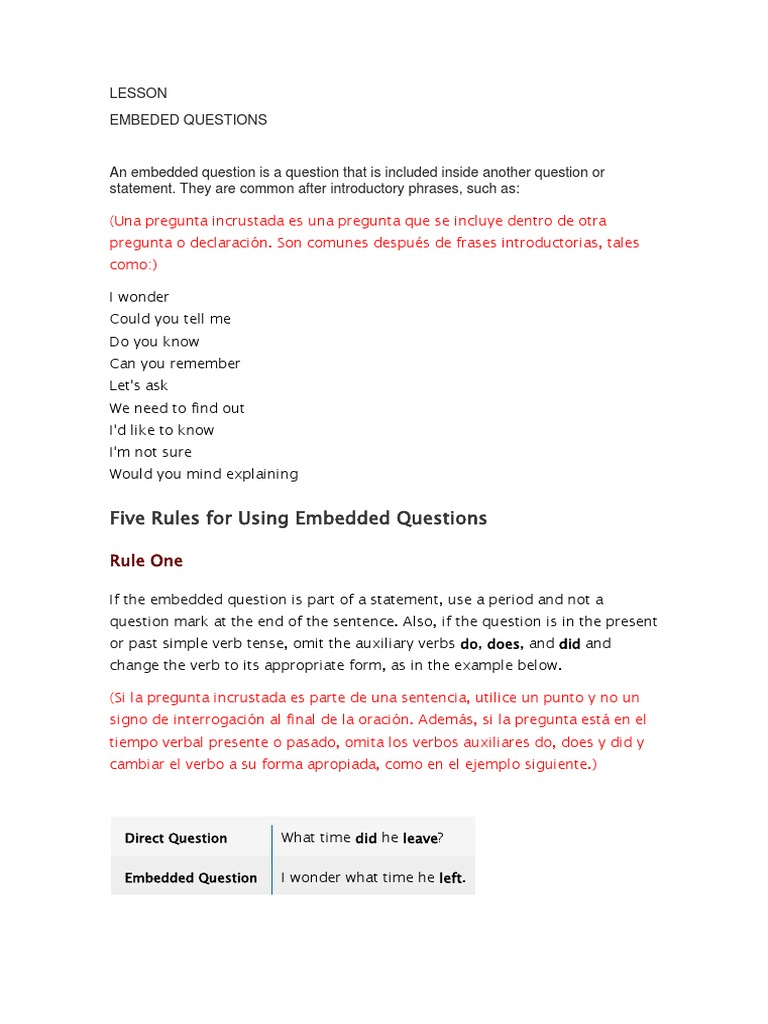 Lesson 54 Embeded Questions | PDF | Verb | English Language