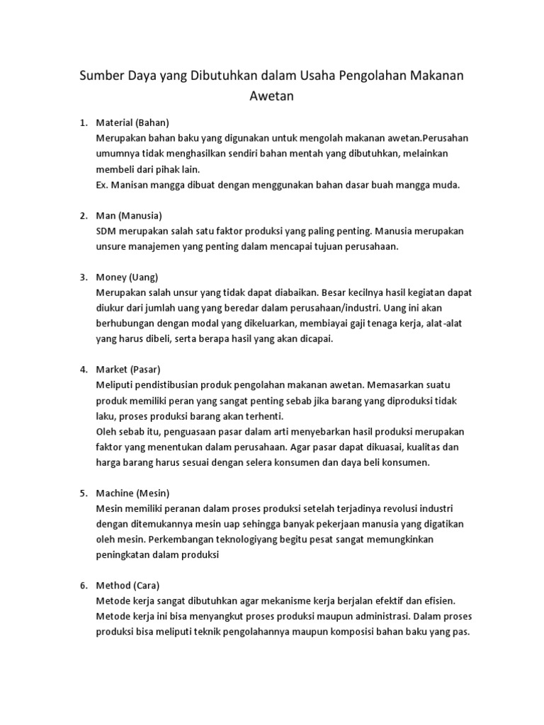 Sumber Daya Yang Dibutuhkan Dalam Usaha Pengolahan Makanan Awetan
