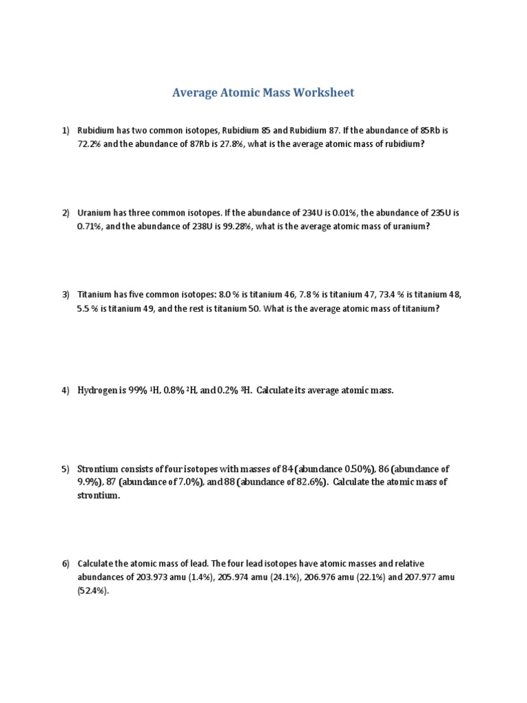 worksheet Calculating Atomic Mass Worksheet average atomic mass worksheet 2