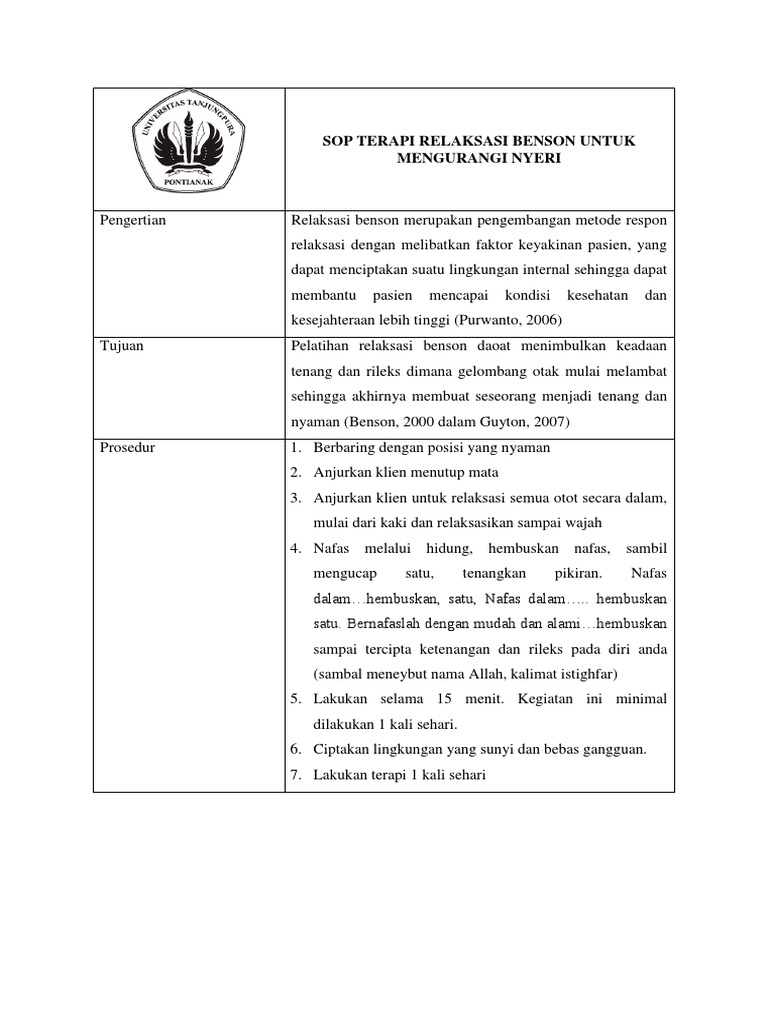 Sop Terapi Relaksasi Benson Untuk Mengurangi Nyeri