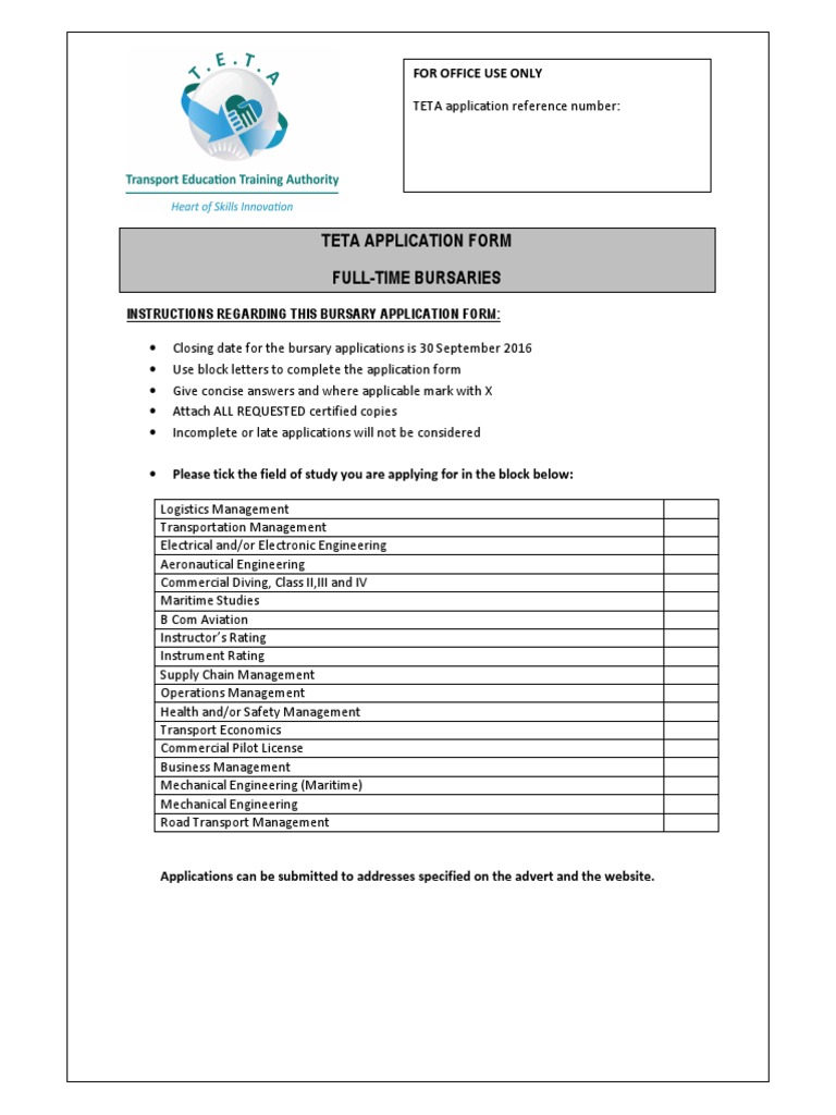 TETA Bursary Application Form 2026 | PDF | Diploma | Identity Document
