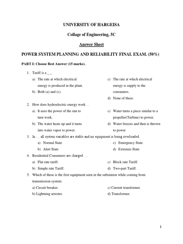 Power System Planning Exam Answers | PDF | Watt | Alternative Energy