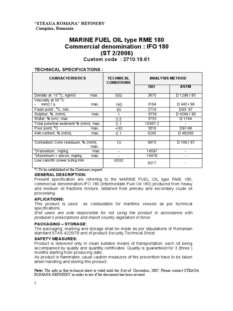 RME 180 Marine Fuel Oil Specifications | PDF | Fuel Oil | Petroleum
