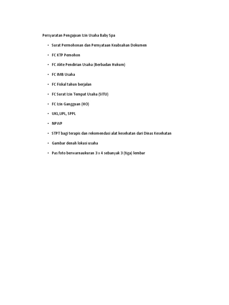 Persyaratan Pengajuan Izin Usaha Baby Spa