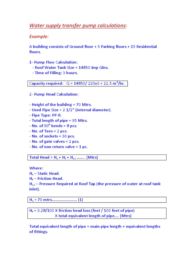 Water Supply Pump Calculation PDF PDF