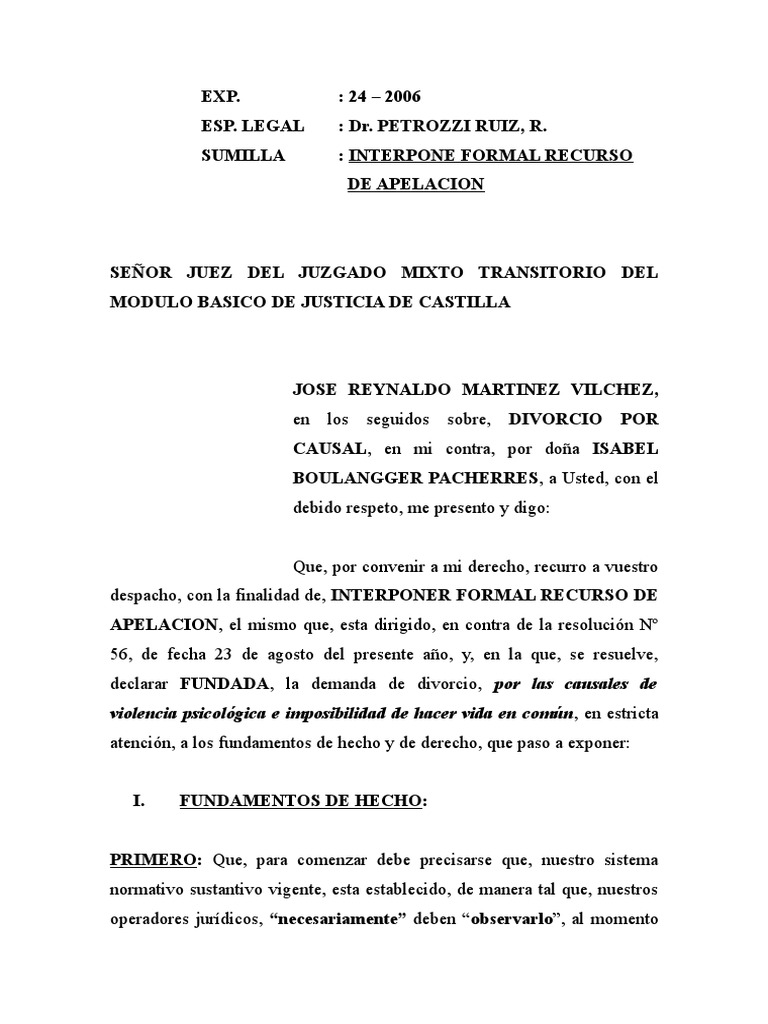 APELACION DE SENTENCIA DE DIVORCIO.doc | Divorcio | Evidencia (ley)