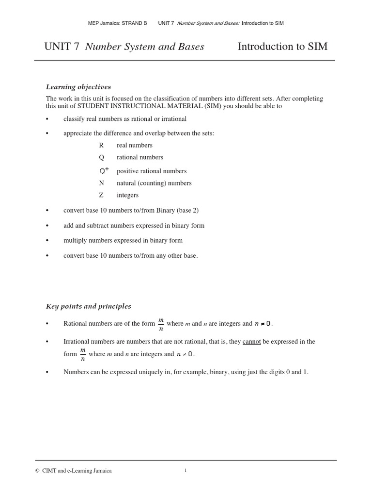 UNIT 7 Number System and Bases: Introduction To SIM | PDF | Rational ...