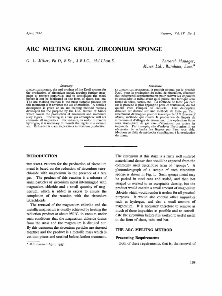 Arc Melting of Zirconium Spong by Kroll Process | PDF | Titane | Zirconium