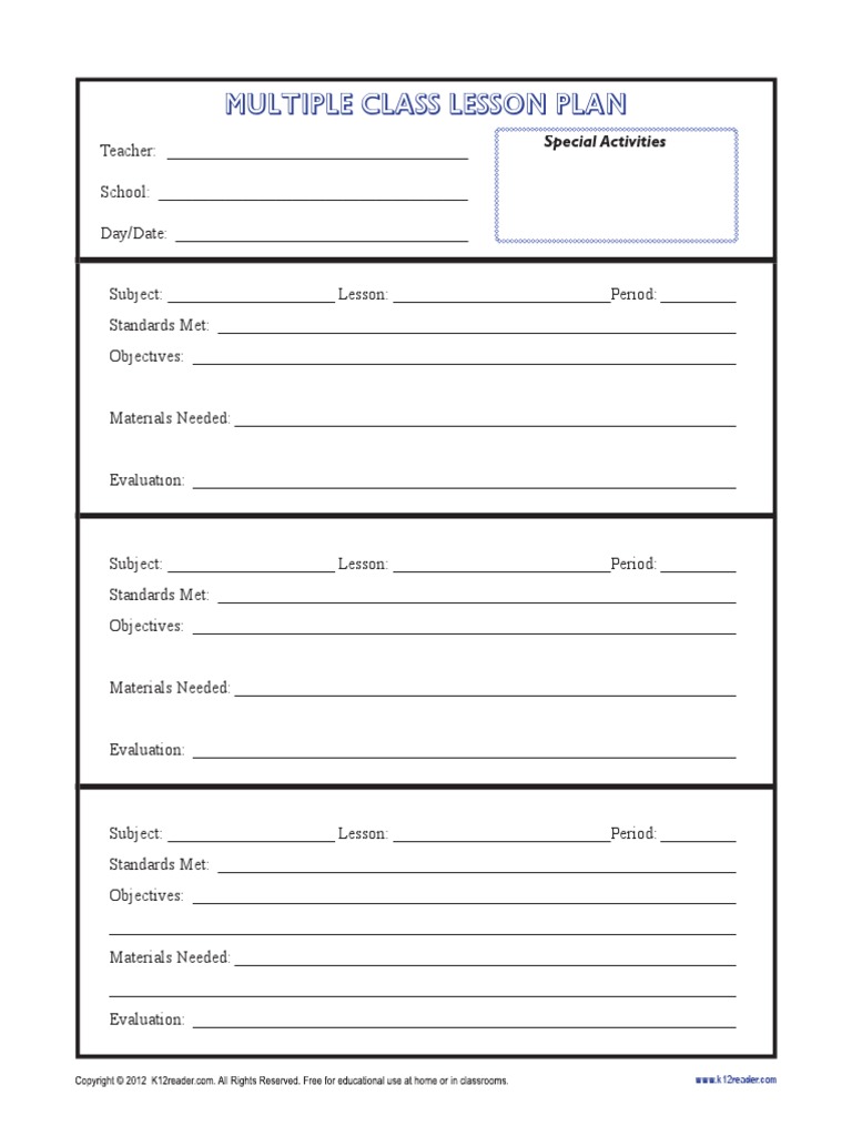 Multiple Class Lesson Plan: Special Activities | PDF