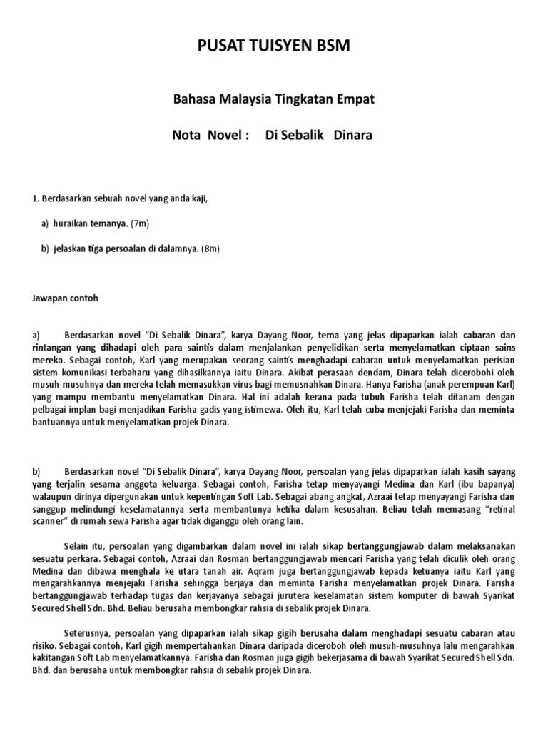 Contoh Soalan Tema Dan Jawapan Novel Di Sebalik Dinara malayuswea
