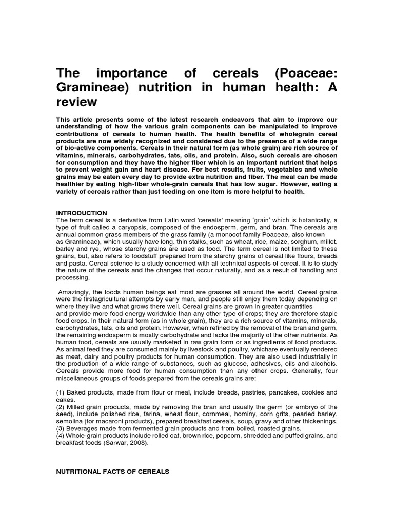 Importance of Cereals in Nutrition | PDF | Whole Grain | Dietary Fiber