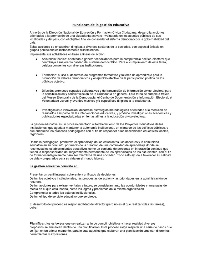 Funciones de la Gestión Educativa | PDF | Planificación | Toma de ...