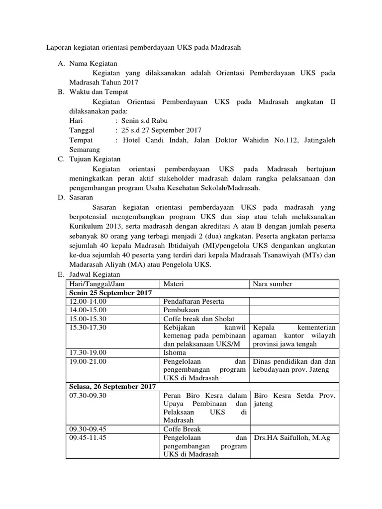 Laporan Kegiatan Orientasi Pemberdayaan UKS Pada Madrasah