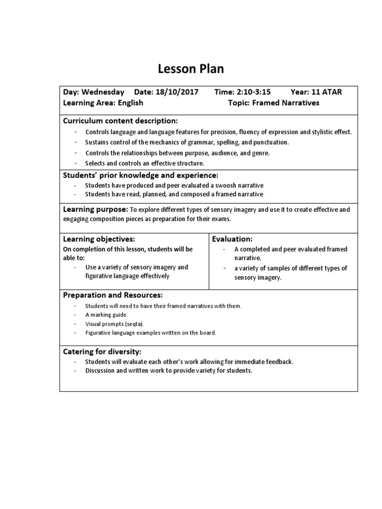 Framed Narratives Lesson Plan | PDF | Lesson Plan | Narrative