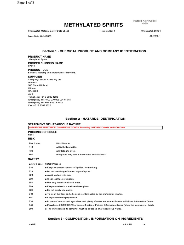 Methylated Spirits Msds 56454 Jun08 PDF PDF Waste Management Toxicity