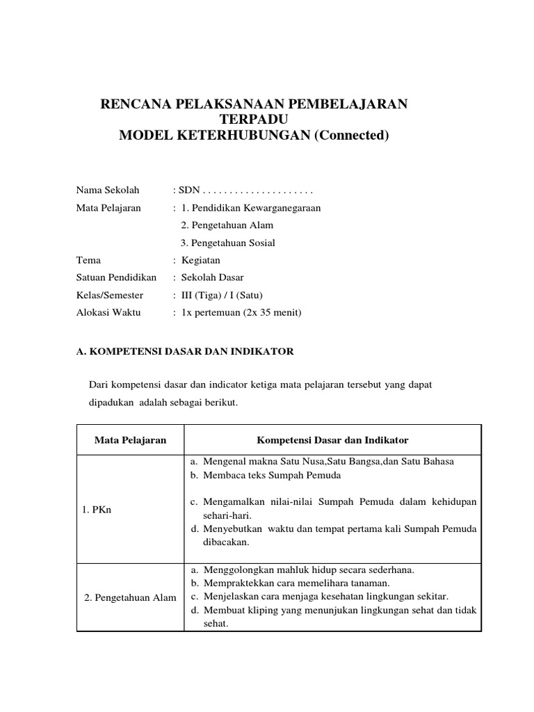 Rpp Terpadu Model Keterhubungan Kelas 3