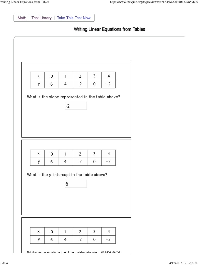 Writing Linear Equations From Tables | PDF