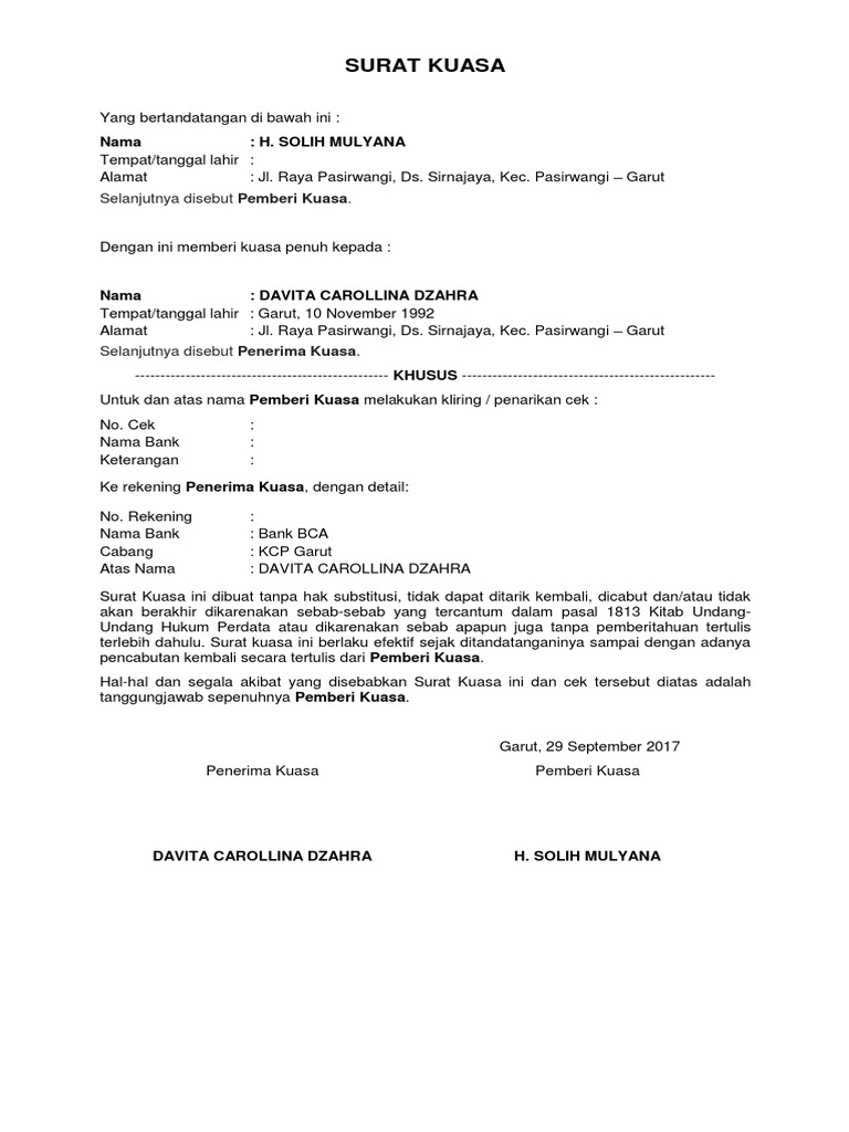 Contoh Surat Kuasa Kliring