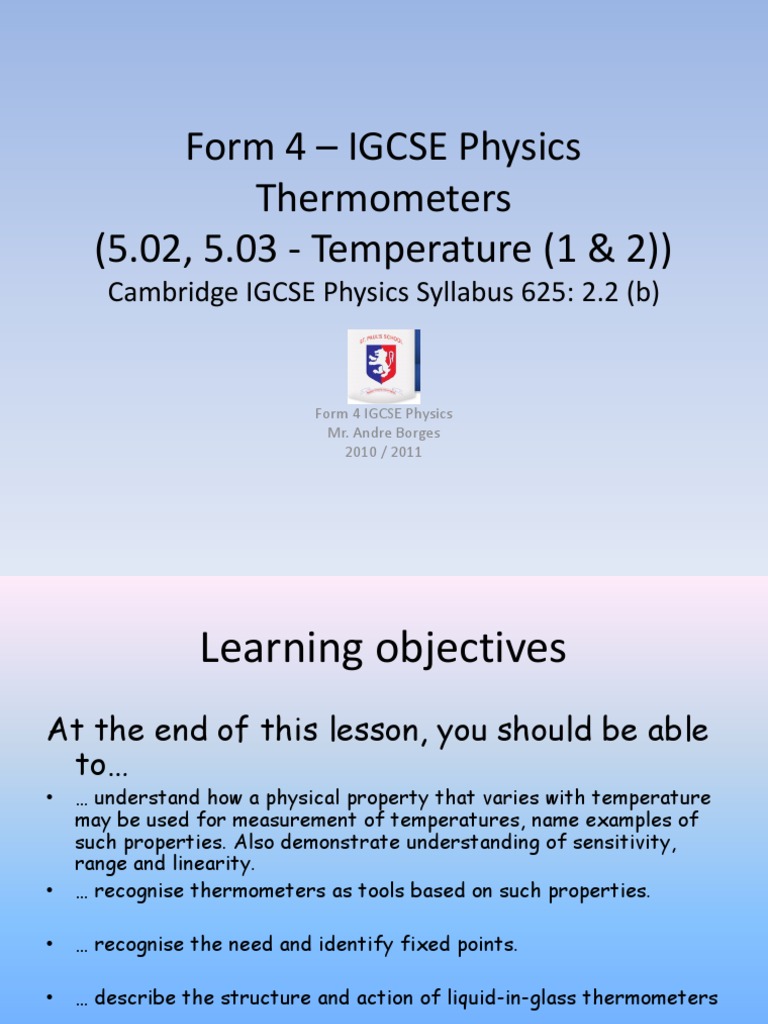 Form 4 IGCSE Physics Thermometers PDF Celsius Thermometer
