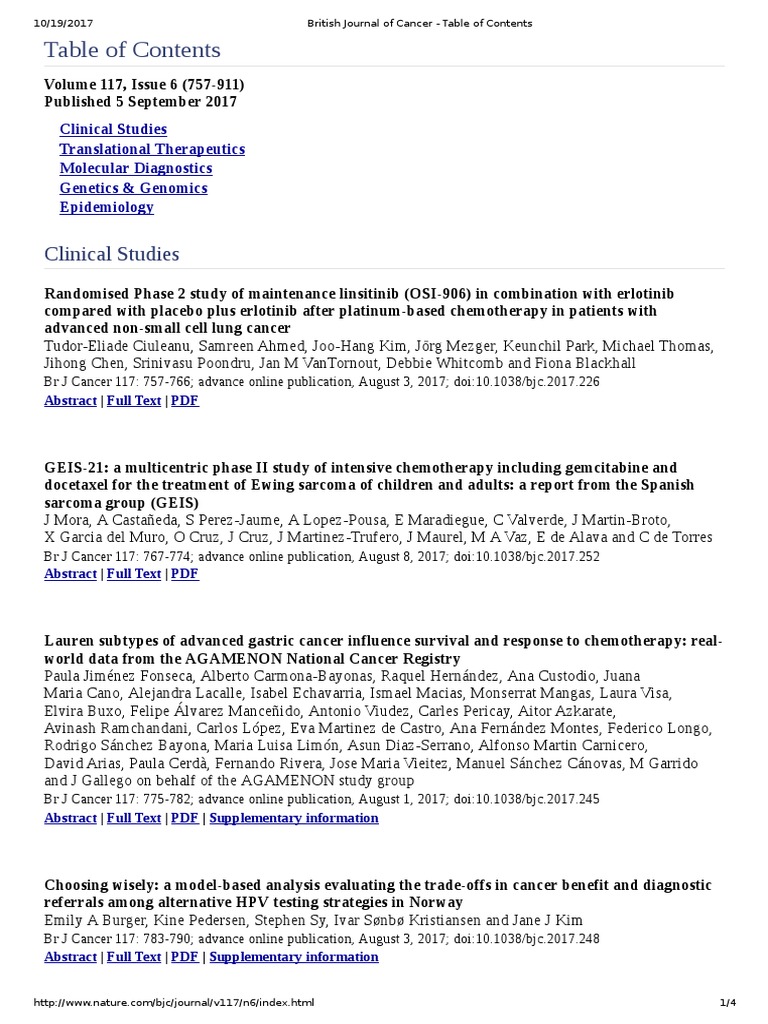 British Journal of Cancer Table of Contents2 PDF Cancer Neoplasms