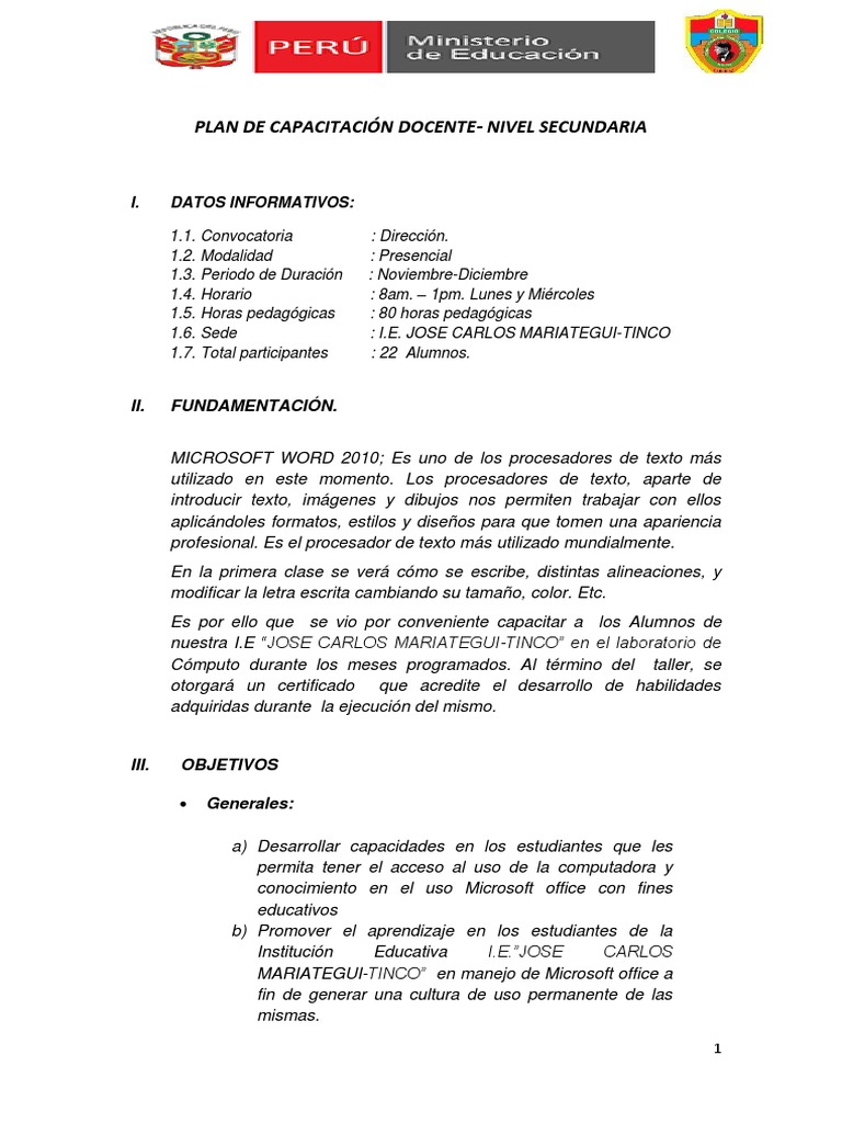Plan de Capacitación Docente en Word | PDF | Microsoft | Unidad Central ...