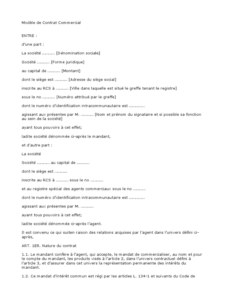Modèle de Contrat Commercial Sodles Contrat de mandat