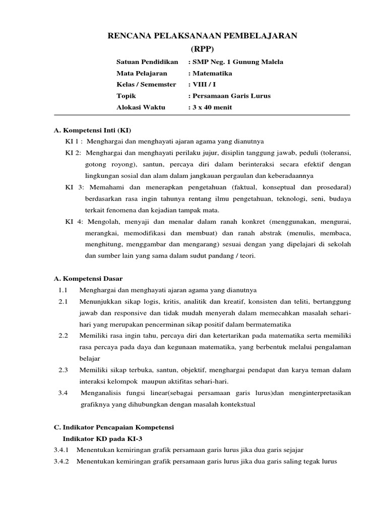 Rpp 3 Persamaan Garis Lurus