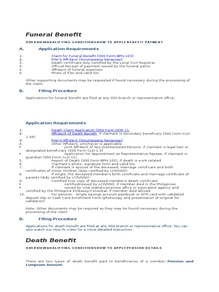 Sss Death Claim Requirements PDF Pension Death Certificate