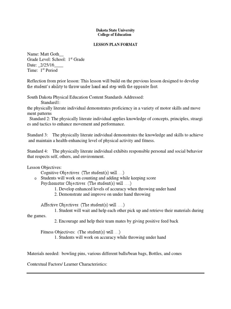 Throwing Underhand Lesson Plan Pdf Lesson Plan Neuropsychology