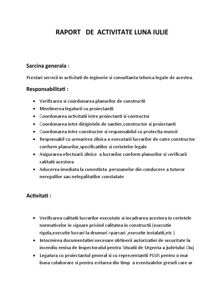 Raport De Activitate Luna Iulie