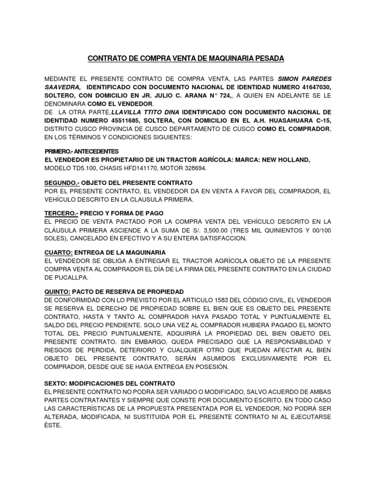 Contrato de Compra Venta de Maquinaria Pesada | PDF | Información del  gobierno | Justicia