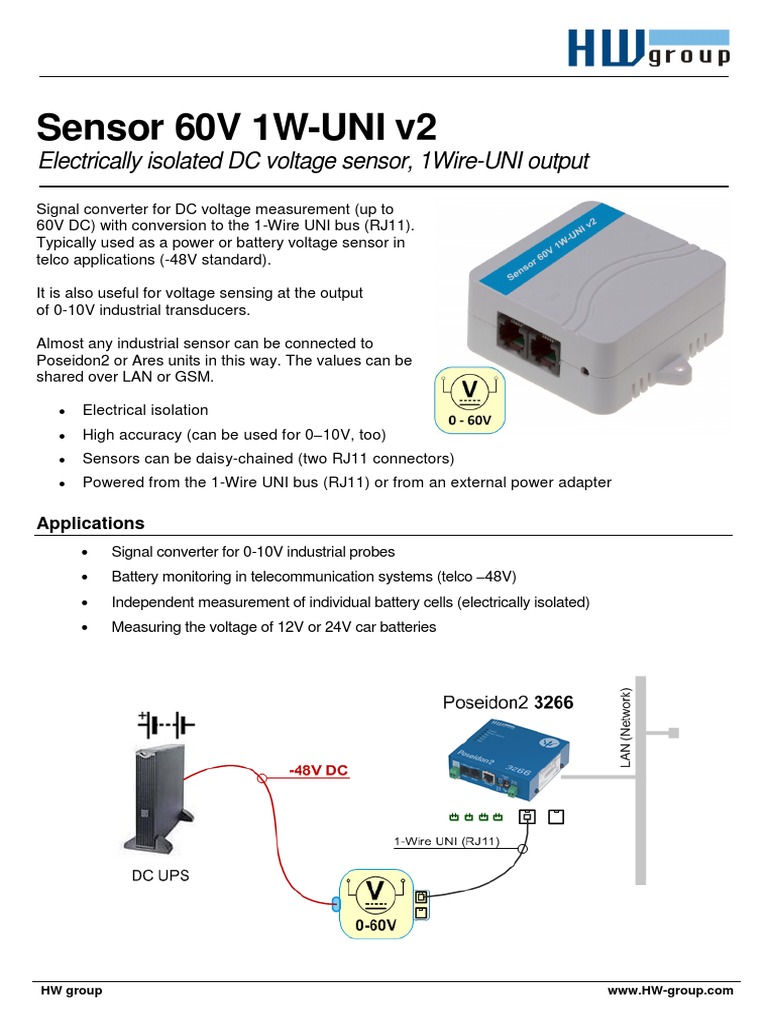 Sensor 60V 1WUNI v2 Electrically Isolated DC Voltage Sensor, 1WireUNI Output PDF Sensor