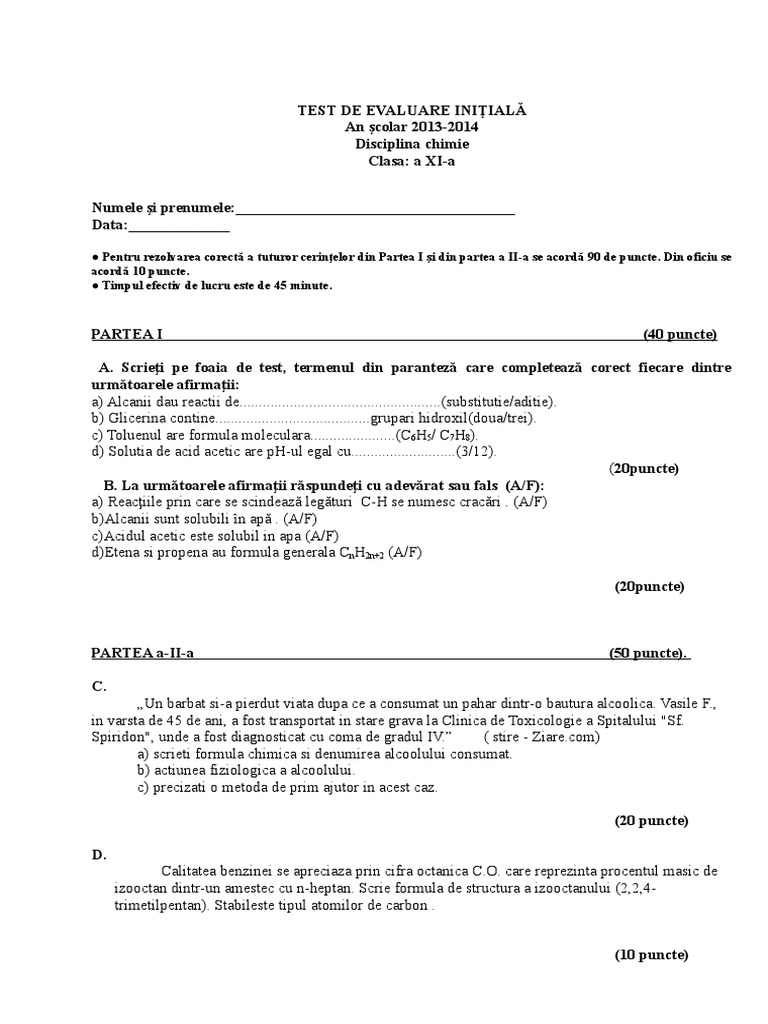 Test Initial Clasa Xi | PDF
